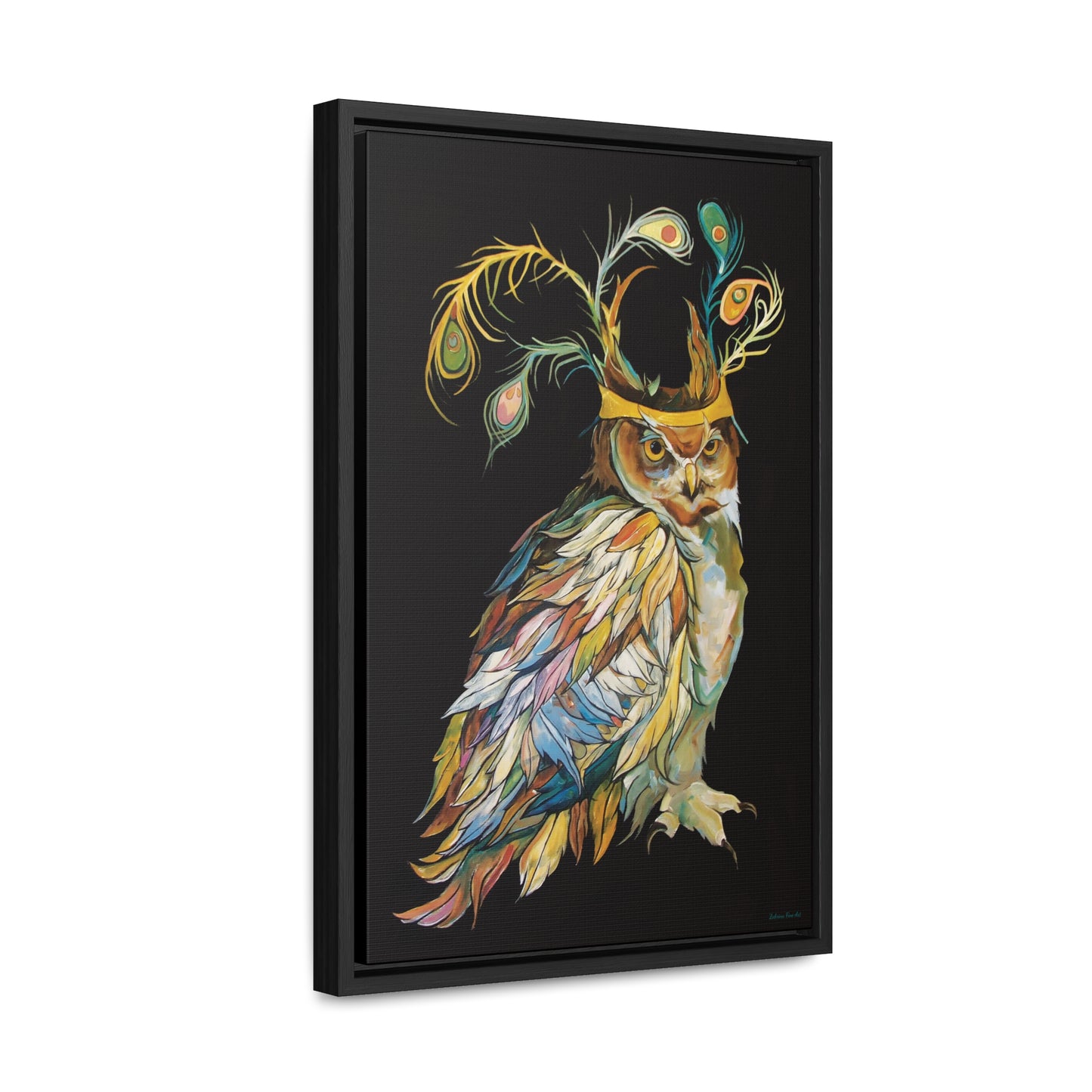 "Owl In A Peacock Crown" Framed Canvas Fine Art Reproduction by Zabrina Fine Art