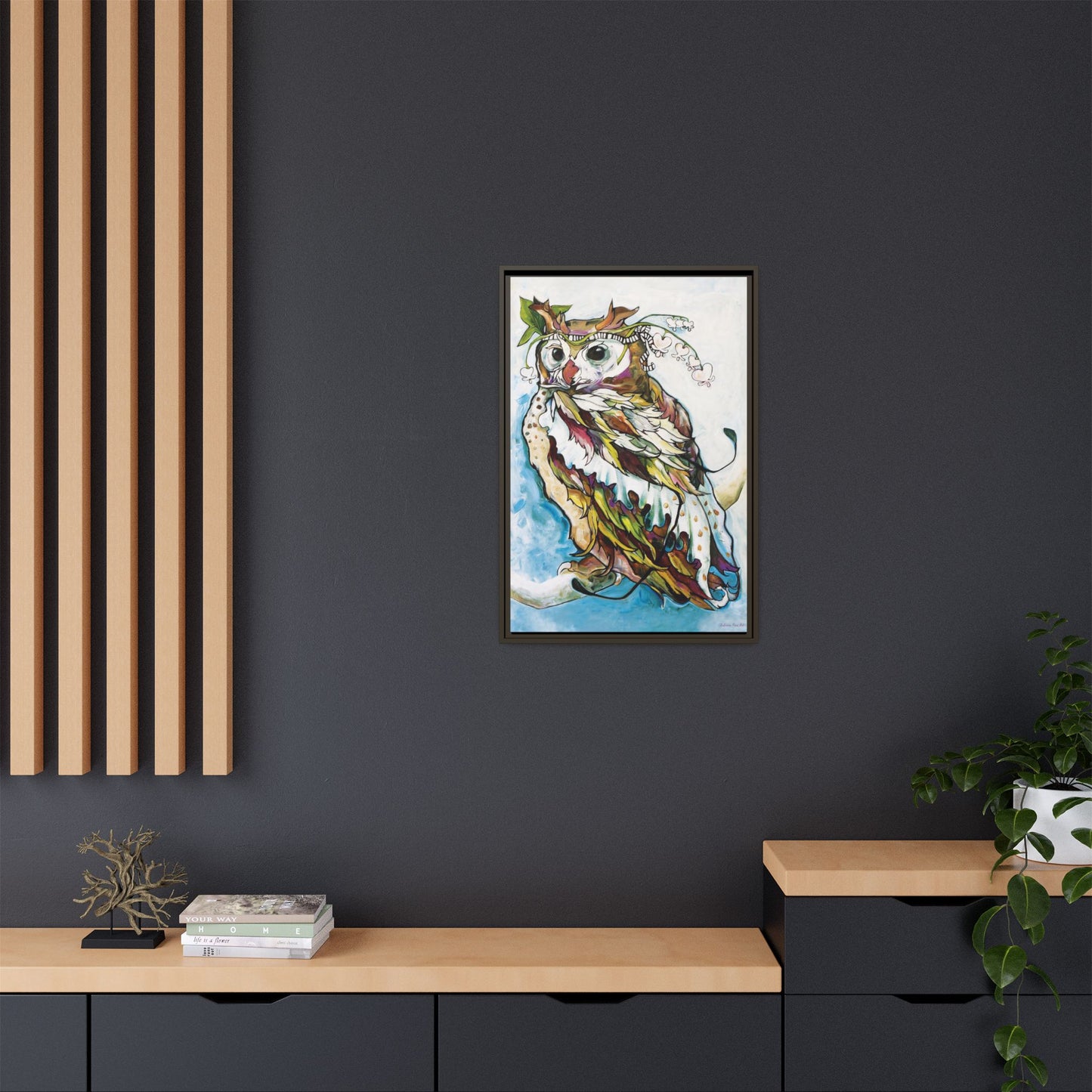 "Owl In Bleeding Hearts Crown" Framed Canvas Fine Art Reproduction by Zabrina Fine Art