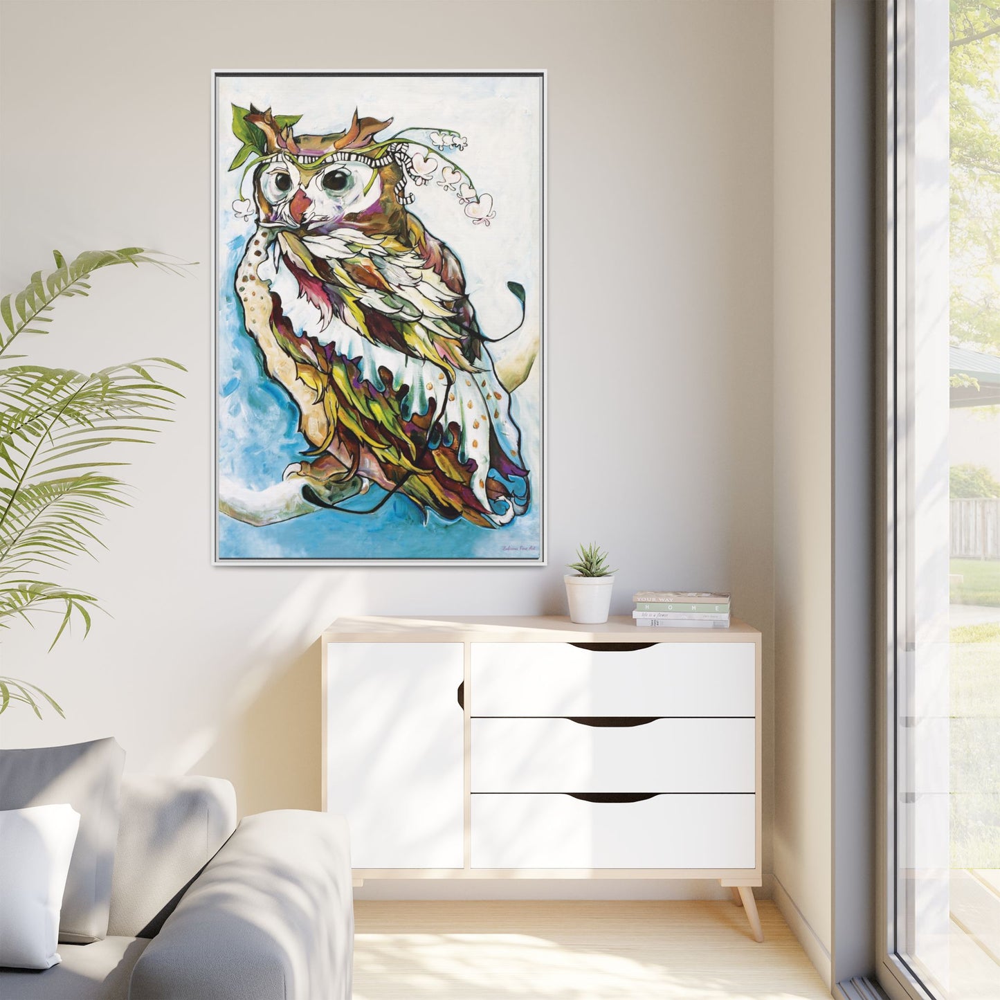 "Owl In Bleeding Hearts Crown" Framed Canvas Fine Art Reproduction by Zabrina Fine Art