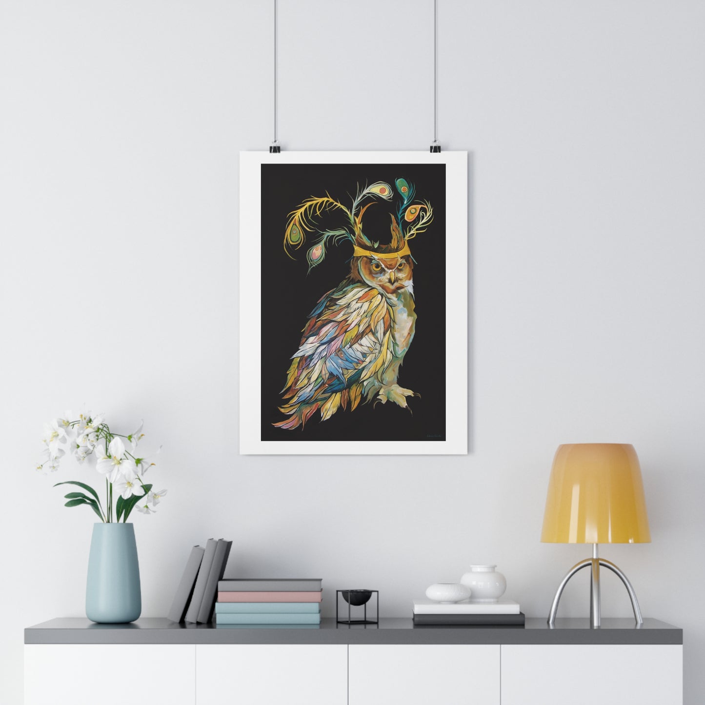 "Peacock Crown Owl" Giclée Art Print by Zabrina Fine Art