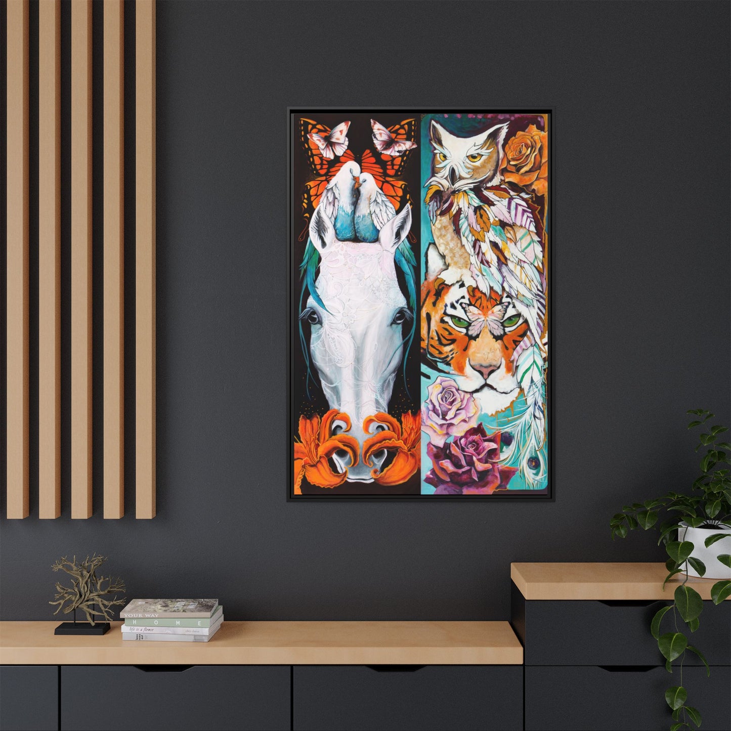 "The Tiger and The Mare" Framed Canvas Fine Art Reproduction by Zabrina Fine Art