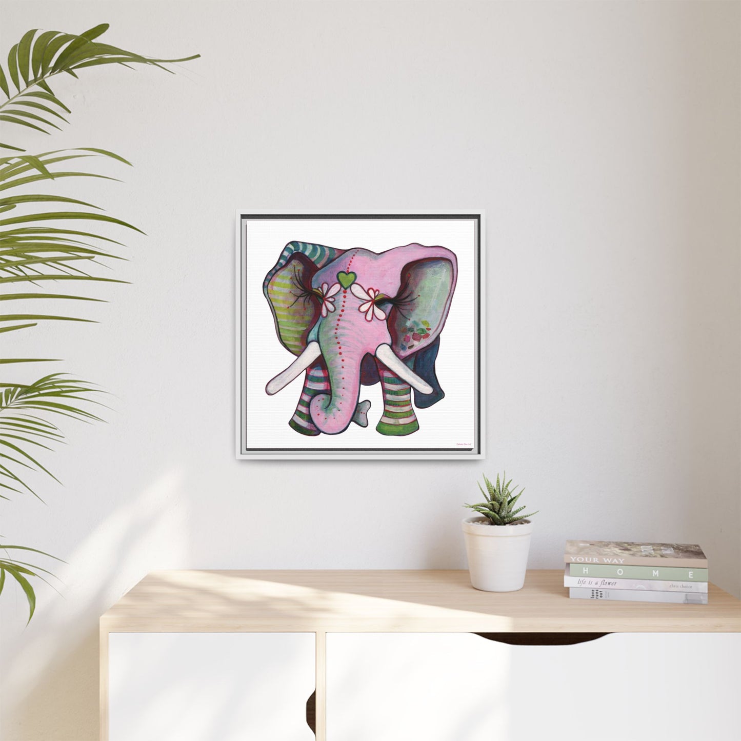 "Green Heart Elephant" Framed Canvas Fine Art Reproduction by Zabrina Fine Art