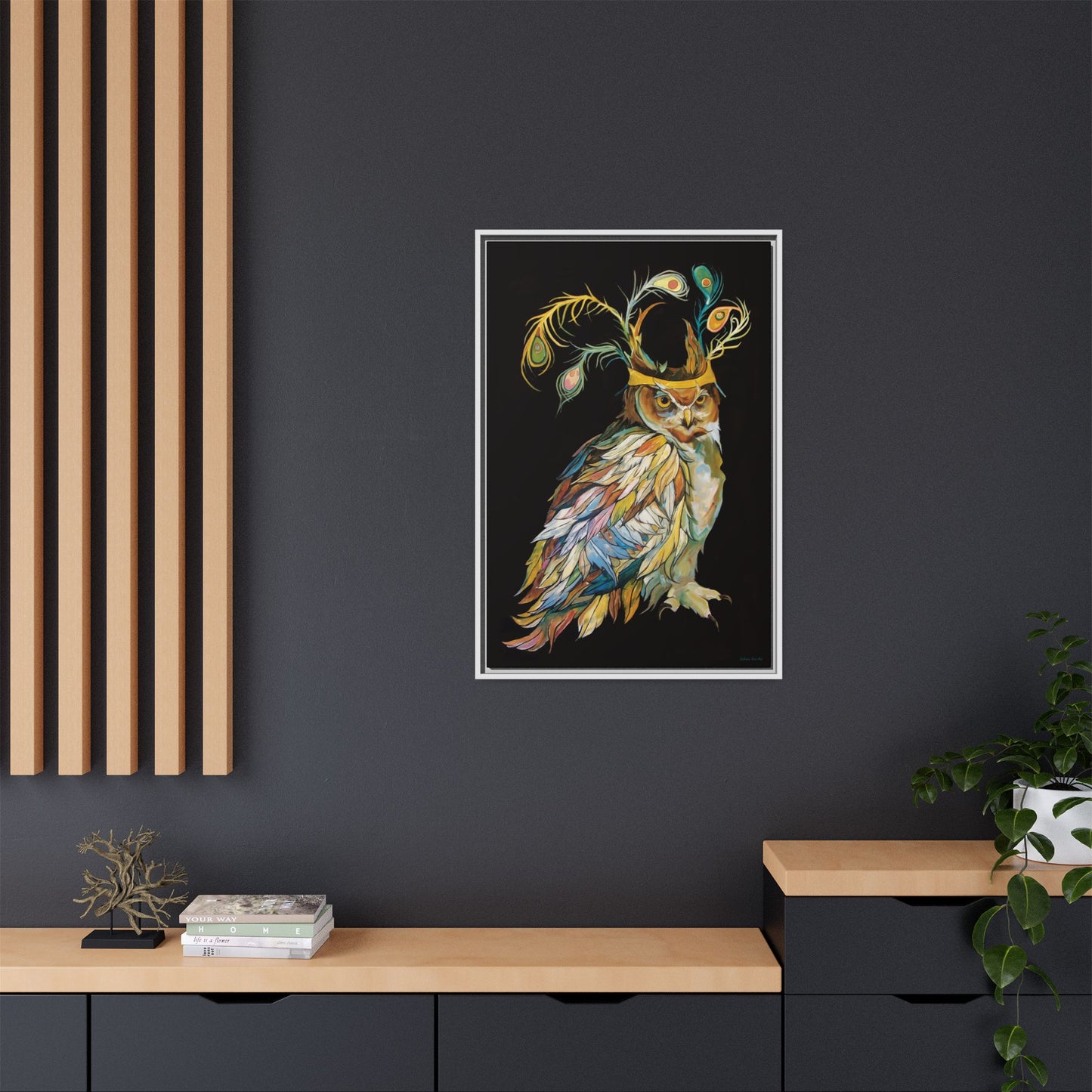 "Owl In A Peacock Crown" Framed Canvas Fine Art Reproduction by Zabrina Fine Art
