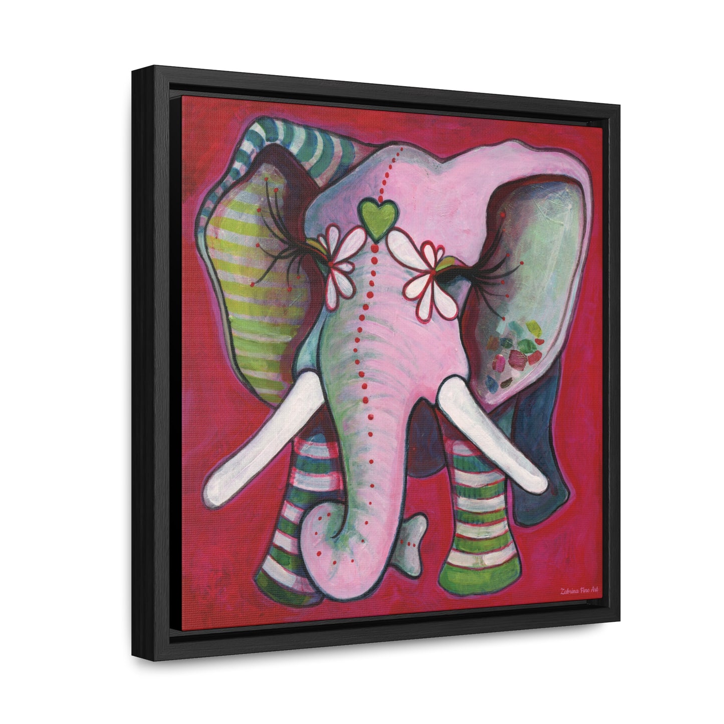 "Green Heart Elephant With Red" Framed Canvas Fine Art Reproduction by Zabrina Fine Art