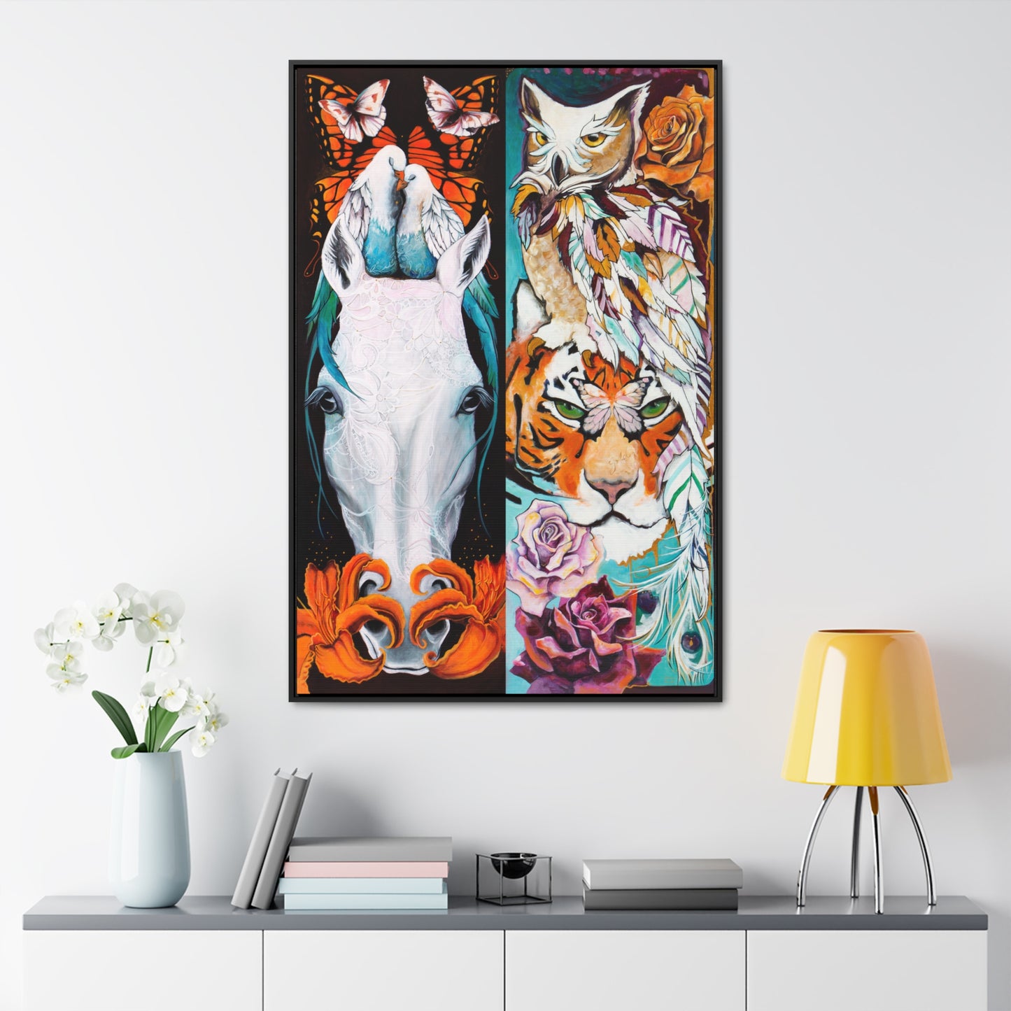 "The Tiger and The Mare" Framed Canvas Fine Art Reproduction by Zabrina Fine Art