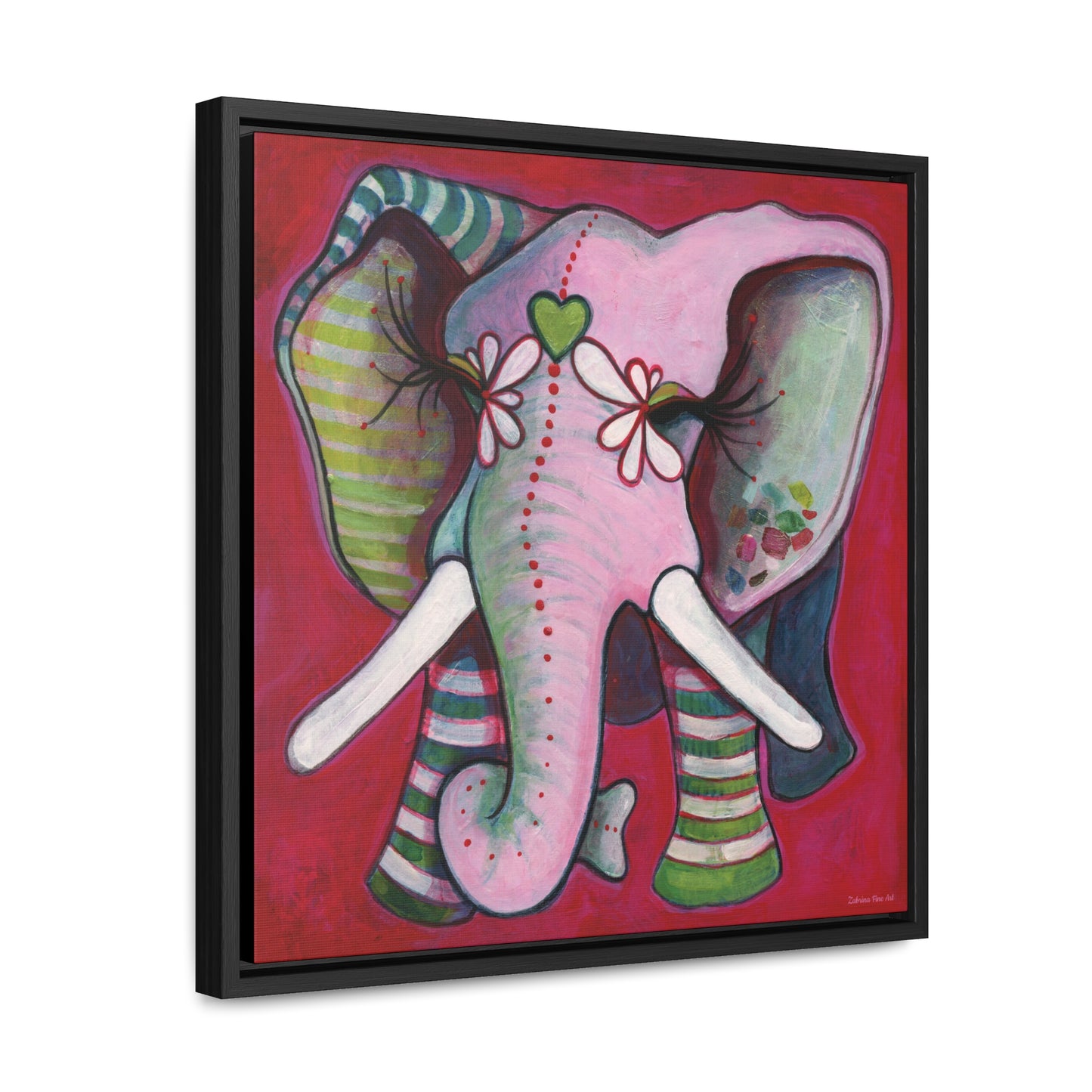 "Green Heart Elephant With Red" Framed Canvas Fine Art Reproduction by Zabrina Fine Art