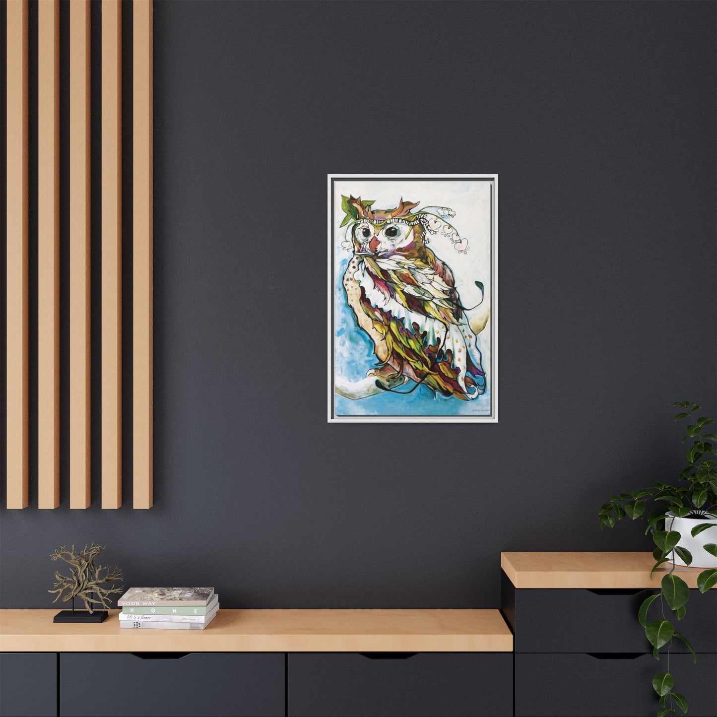 "Owl In Bleeding Hearts Crown" Framed Canvas Fine Art Reproduction by Zabrina Fine Art