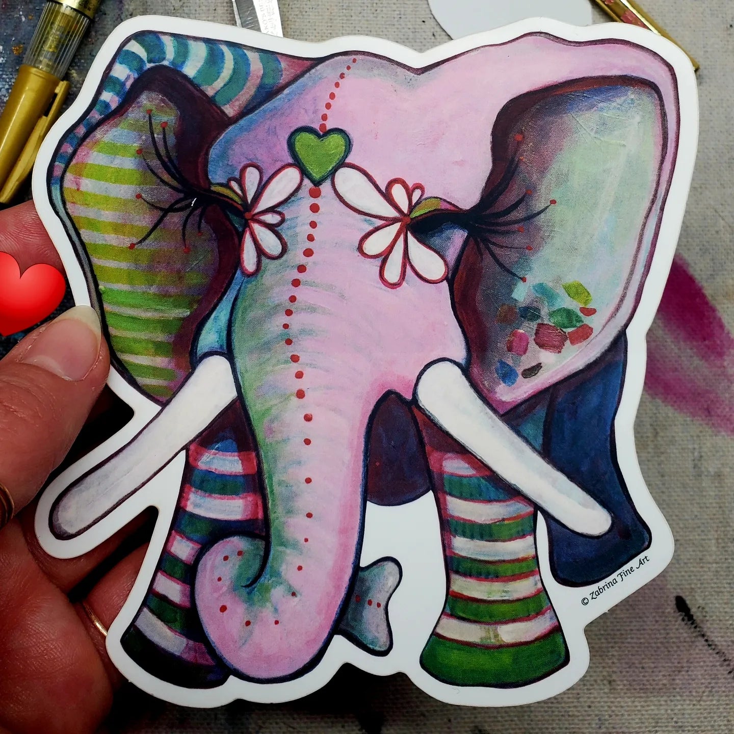 "Green Heart Elephant ZSticker" Die-Cut Sticker